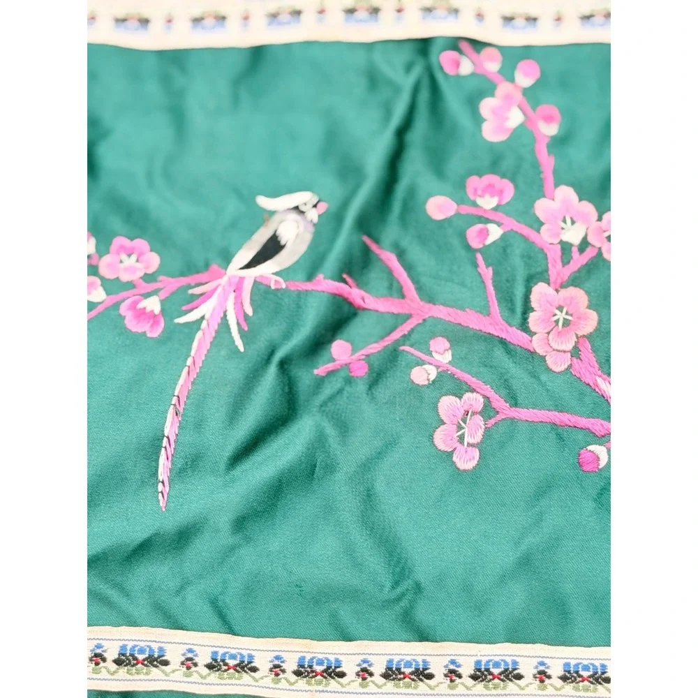 Vintage Chinese Hand Embroidered Silk Textile Bird Cherry Blossom Green 12x12